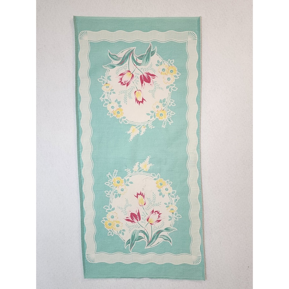 Vintage Aqua Teal Floral Tulip Table Runner Scalloped Border Retro MCM 28x13